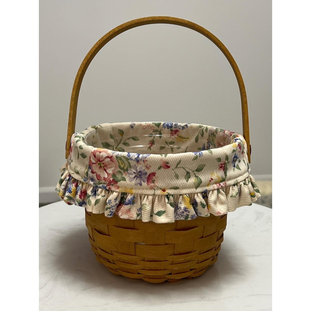 Longaberger Handmade Basket 2004 Round Floral Liner Plastic Protector USA